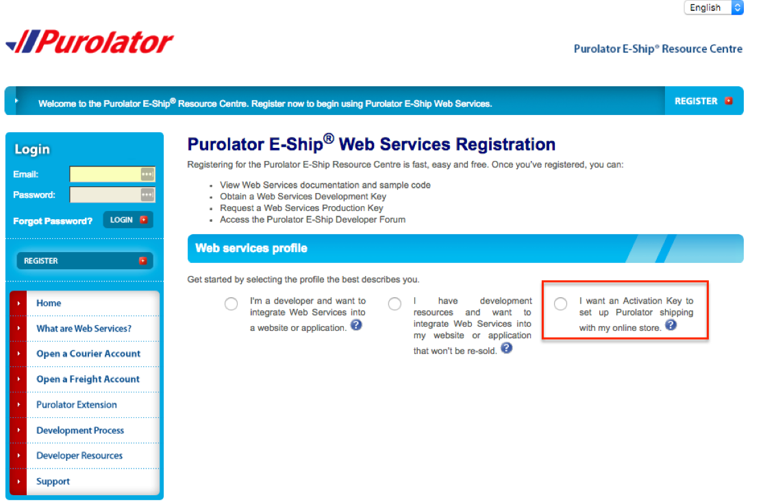 Purolator Register activation key option highlighted.