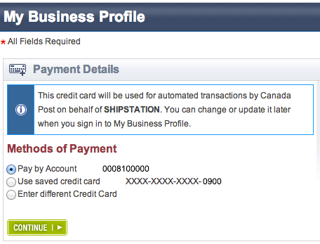 Canada Post methods of payment selections for My Business Profile settings.