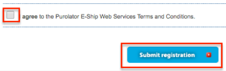 Purolator agreement with checkbox and Submit button highlighted.