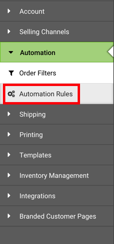 Barre latérale des paramètres : menu déroulant d'automatisation. L'encadré rouge met en évidence l'option de règles d'automatisation.