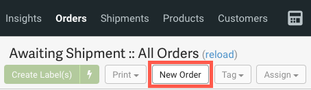 Closeup of Orders grid. Red box highlights New Order button