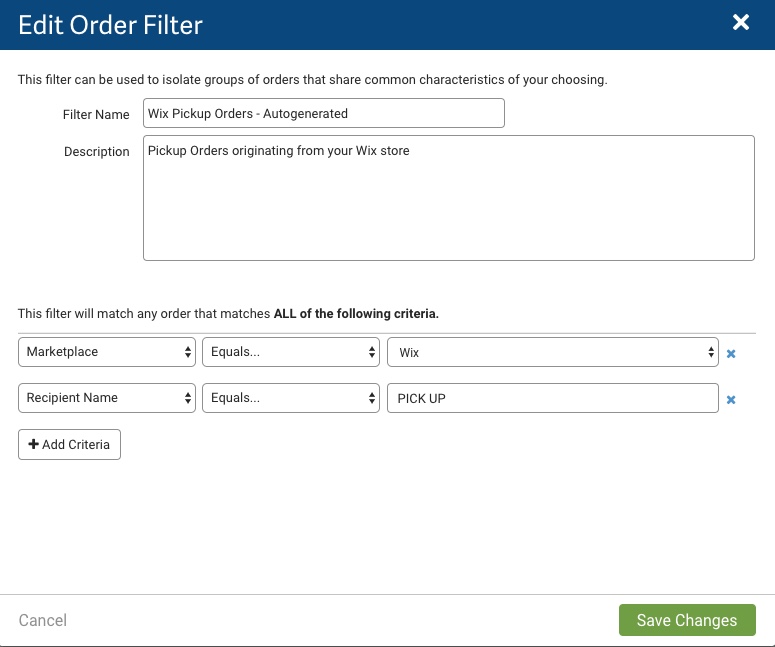 Règle d'automatisation : Modifier la fenêtre contextuelle du filtre de commande.