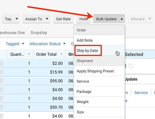 Red arrow points at Bulk Update button and Ship By Date option is highlighted in the dropdown