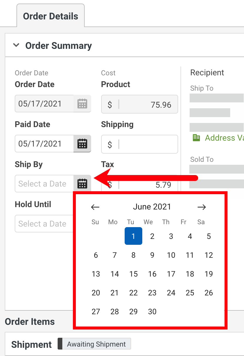 Order Summary in Order Details. Red arrow points to Calendar icon for Ship By date and red box surrounds calendar pop-up.