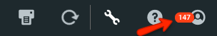 Gros plan sur la barre d'outils, flèche rouge pointant vers le nombre d'alertes (147) sur l'icône de profil.