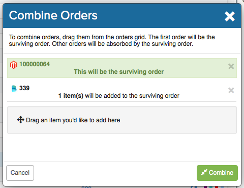 Combine Orders pop-up. Surviving order @ top, highlighted in green. Cancel button @ bottom-left, Confirm button @ bottom-right.