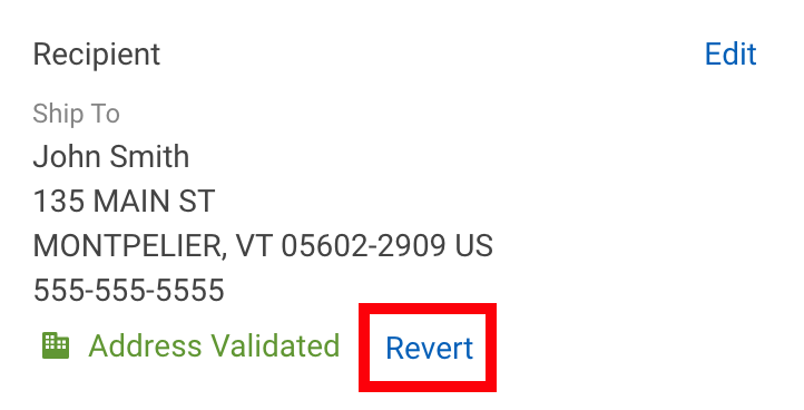 Order details screen, box highlights Revert to Original option in the Recipient panel