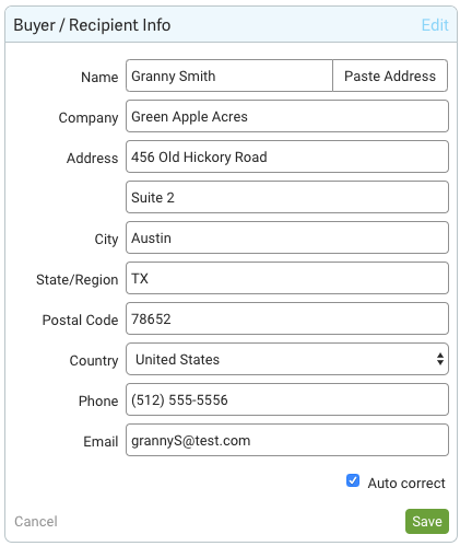 Buyer-slash-Recipient Info pop-up. Fields include Name, address & contact information