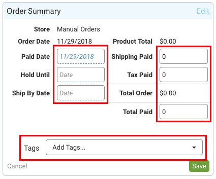 Order summary panel with several fields outlined