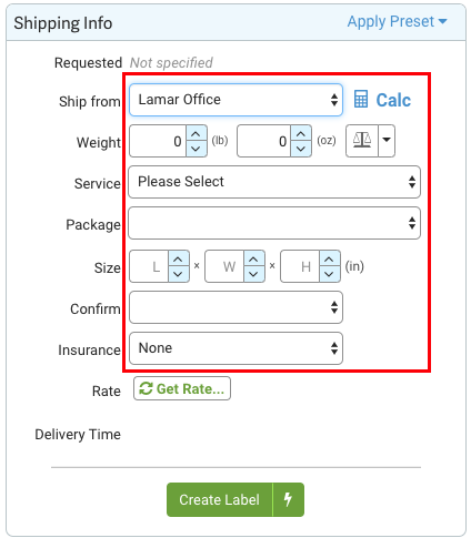Shipping Info panel. Red box highlights dropdowns: Ship from, weight, service, package, size, confirm, insurance, rate.