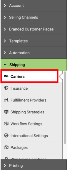Settings sidebar. Shipping dropdown. Box highlights Carriers option.