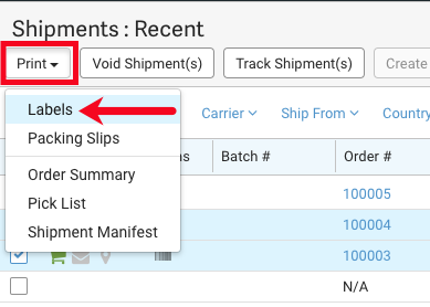 Shipments grid with Print drop-down highlighted and arrow pointing to the Labels option.