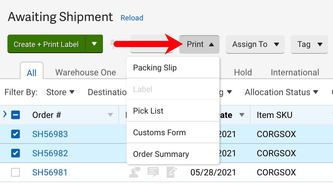 V3 Orders tab with red arrow pointing to print menu with drop-down options revealed
