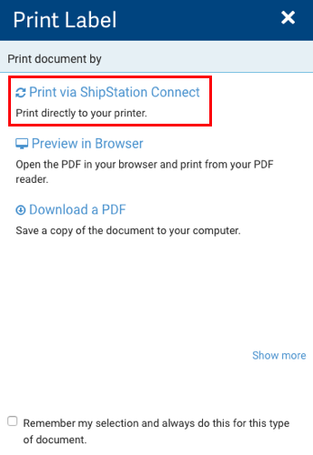 Fenêtre contextuelle d'impression d'étiquette : l'encadré rouge met en évidence l'option Imprimer via ShipStation Connect.