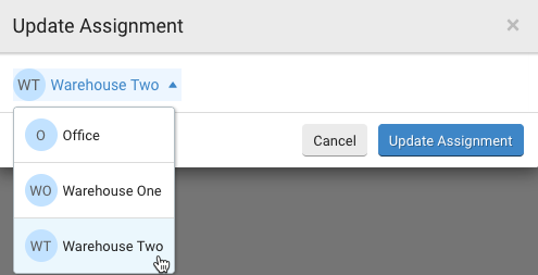 Lots : fenêtre contextuelle Mettre À Jour l'Attribution. Sélectionnez la liste déroulante Utilisateur avec l'option Entrepôt Deux sélectionnée. Le bouton Mettre À Jour l'Attribution à droite.