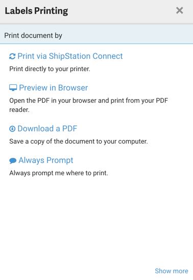 Fenêtre contextuelle : les options de menu sont Imprimer via ShipStation Connect, Aperçu dans le navigateur, Télécharger un PDF, et Toujours permettre.