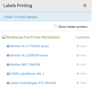 Fenêtre contextuelle d'impression d'étiquettes. Liste des imprimantes disponibles.
