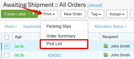 Arrow points to Print dropdown. Red box highlights Pick List option.