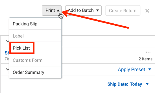 V3 Order Details, red arrow points to Print menu dropdown with Pick List option selected