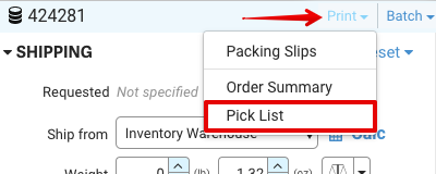 Red arrow points to Print dropdown menu on Order Details page. Red box shows Pick List selected.