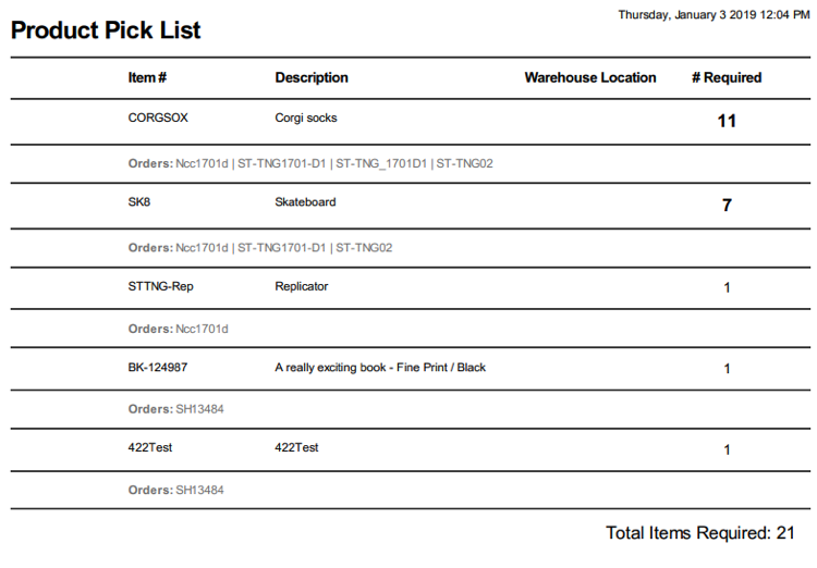 Exemple de document de liste de prélèvement de produits dans ShipStation