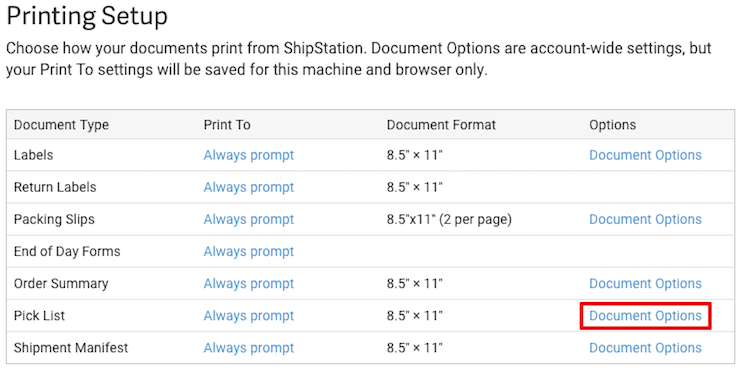 Printing Setup, Pick List, Options. Red box highlights Document Options action.
