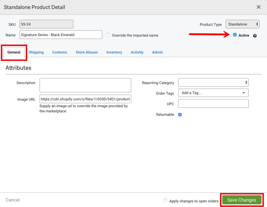Product details general tab with arrow pointing to Active checkbox.