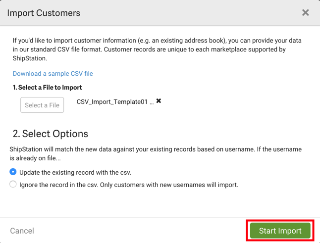 La fenêtre contextuelle d'importation du client avec le bouton Commencer l'importation mis en évidence V3