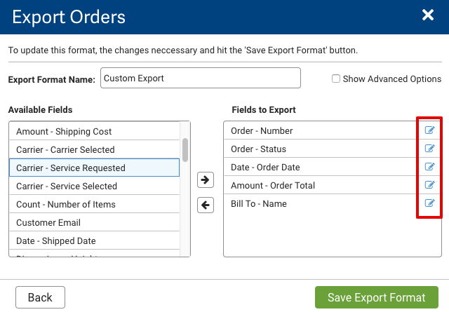 Export Orders popup. Red box highlights Edit buttons beside selections in Fields to Export column.