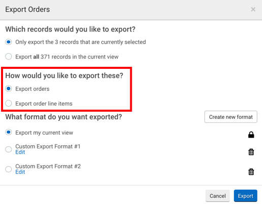 Fenêtre contextuelle d'importation de commande. Les options de bouton radio encadrées en rouge pour : Comment souhaitez-vous les exporter?