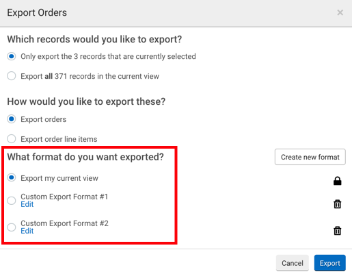 Fenêtre contextuelle d'importation de commande. Les options de bouton radio encadrées en rouge pour : Dans quel format souhaitez-vous exporter?