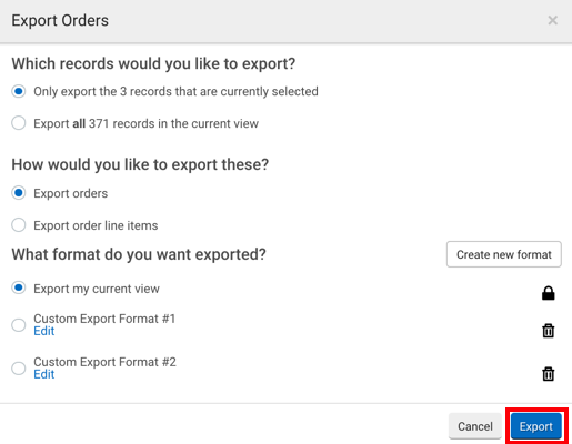Export Orders pop-up. Box highlights Export action button.
