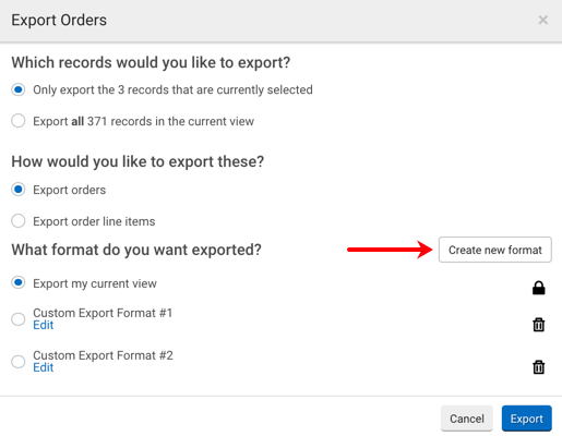 Export Orders pop-up. Arrow points to Create a New Format button