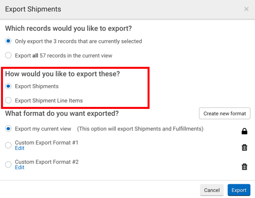 Export Shipments popup. Red box highlights radio button options for How to Export these: Export Shipments or Export Shipment Line Items