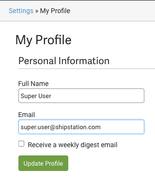 Setings, Account: My Profile page. Fields for name & email, checkbox to receive a weekly digest email.