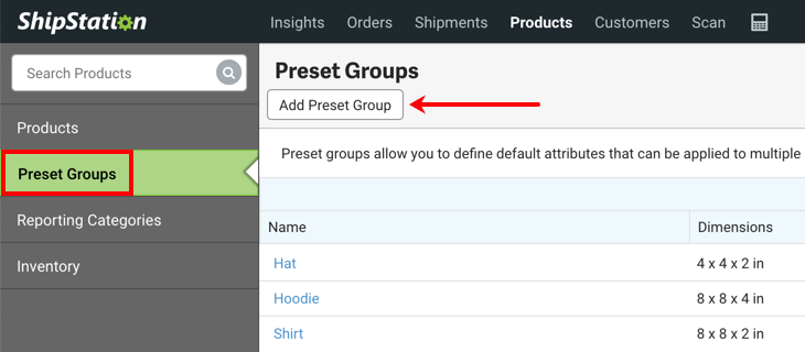V3 Products sidebar menu with Preset Groups selected and arrow pointing to Add Preset group button.