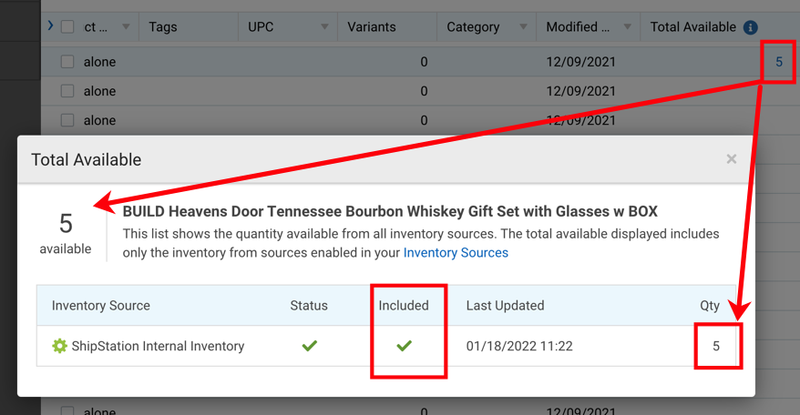 Popup shows included product's current count for Total Available Inventory and shows product count matching in the Product grid