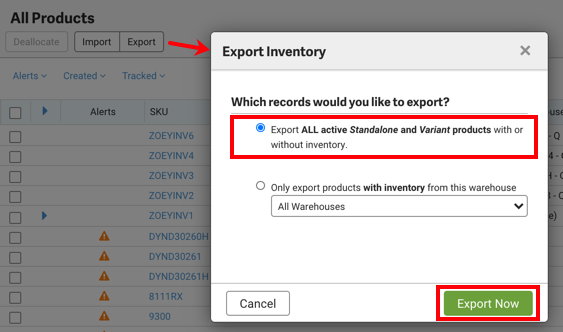 Fenêtre contextuelle d'exportation des stocks avec l'option Exporter tous les produits autonomes et variantes actifs avec ou sans les stocks en surbrillance.