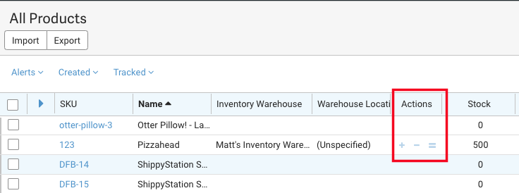 Product grid Actions column highlighted.