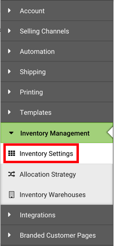 Settings Sidebar. Inventory Management dropdown: Red box highlights Inventory Settings option.