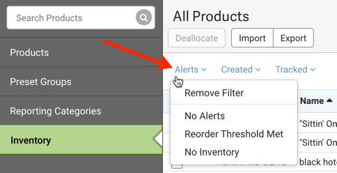 V3 Inventory menu with arrow pointing to Alert filter menu.