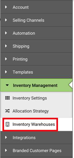 Settings Sidebar. Inventory Management dropdown: Red box highlights Inventory Warehouses option.