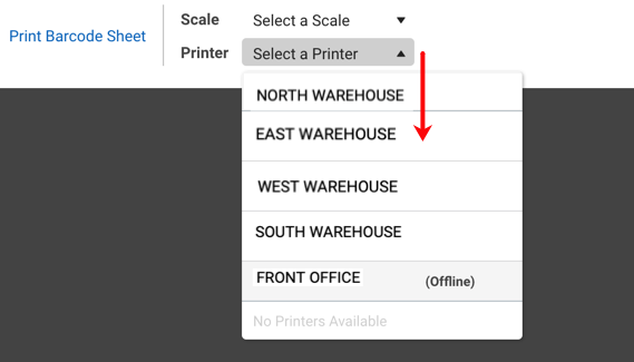 Onglet Scan avec le menu Imprimer ouvert et une liste des imprimantes disponibles indiquant
