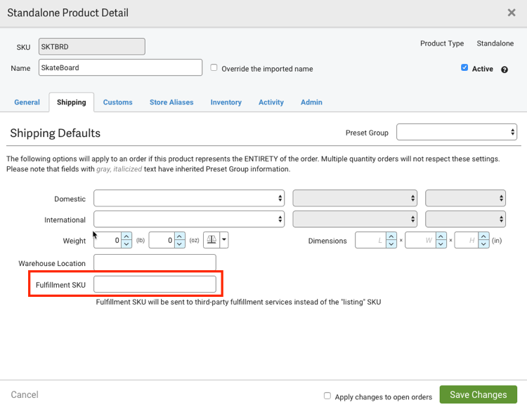 Product details Shipping defaults with Fulfillment SKU highlighted.