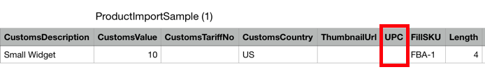 Product import CSV headings and fields. Red box highlights UPC field