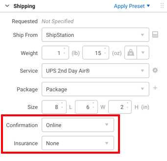 Configure Shipment Widget with Confirmation and Insurance dropdowns highlighted