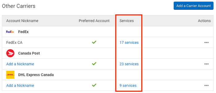 Carriers settings page with Services column highlighted