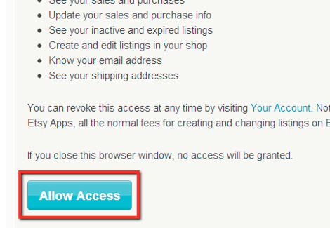 Etsy with Allow Access button highlighted.
