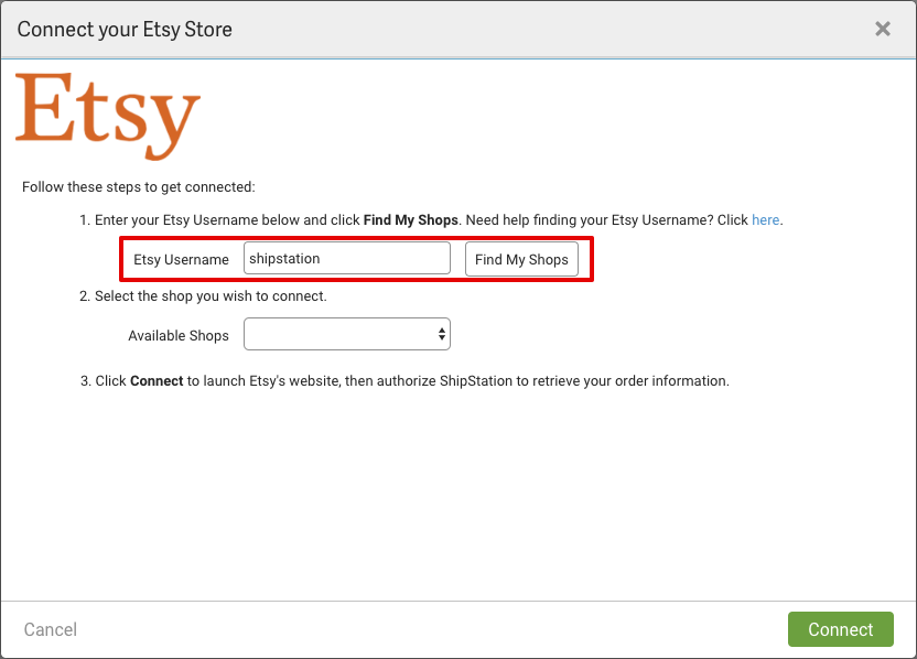 Connectez votre formulaire Etsy Store avec le nom d'utilisateur Etsy en surbrillance.