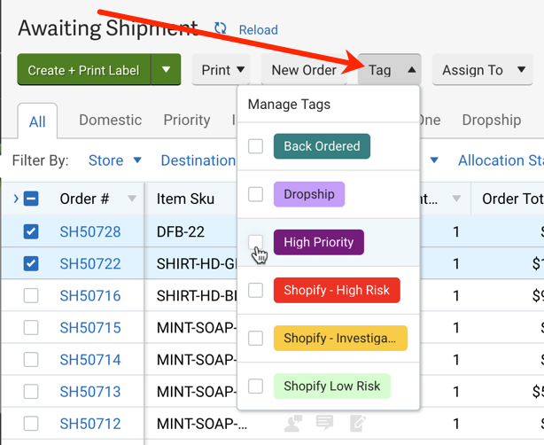Orders tab. Arrow points to Tag action menu with dropdown options visible.
